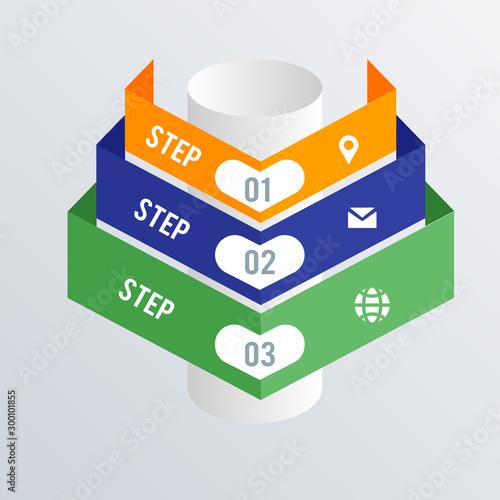 3D Hierarchical infographic template design. Business concept infograph with 3 options, steps or processes. Vector visualization can be used for workflow layout, diagram, annual report, web