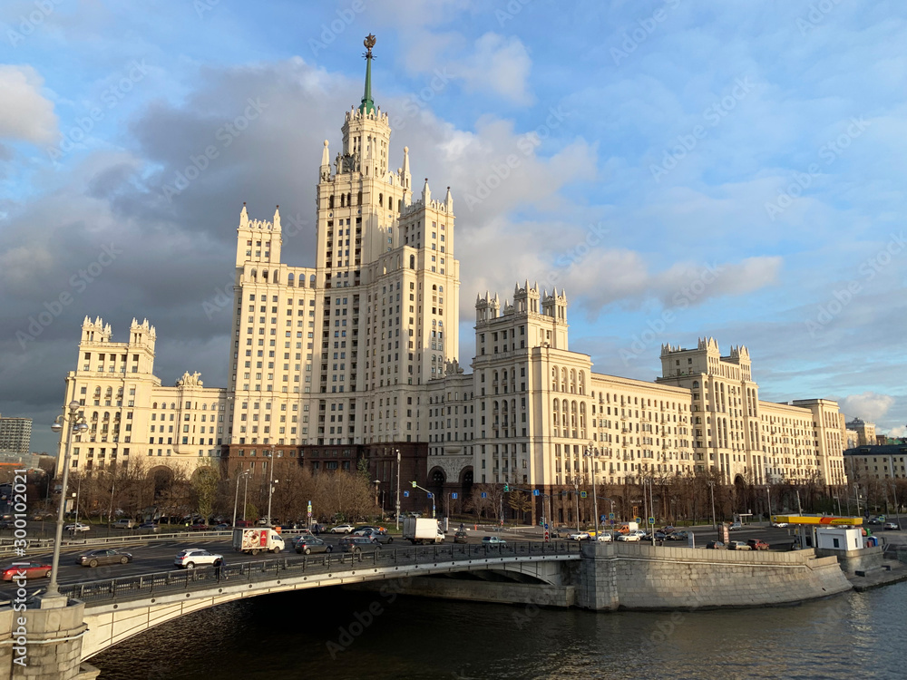 Moscow, Russia, November, 02, 2019. High-rise building on Kotelnicheskaya embankment in autumn