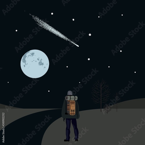 Moon and stars comet travel Vector illustration.