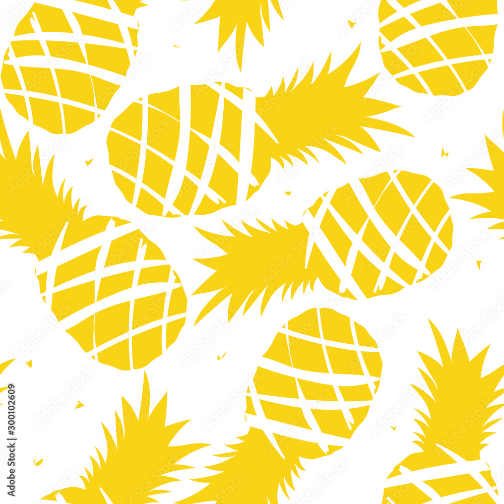 Fototapeta Exotic fruits, hand drawn overlapping background. Colorful tropical wallpaper vector. Seamless pattern with pineapples. Decorative colored illustration, good for printing