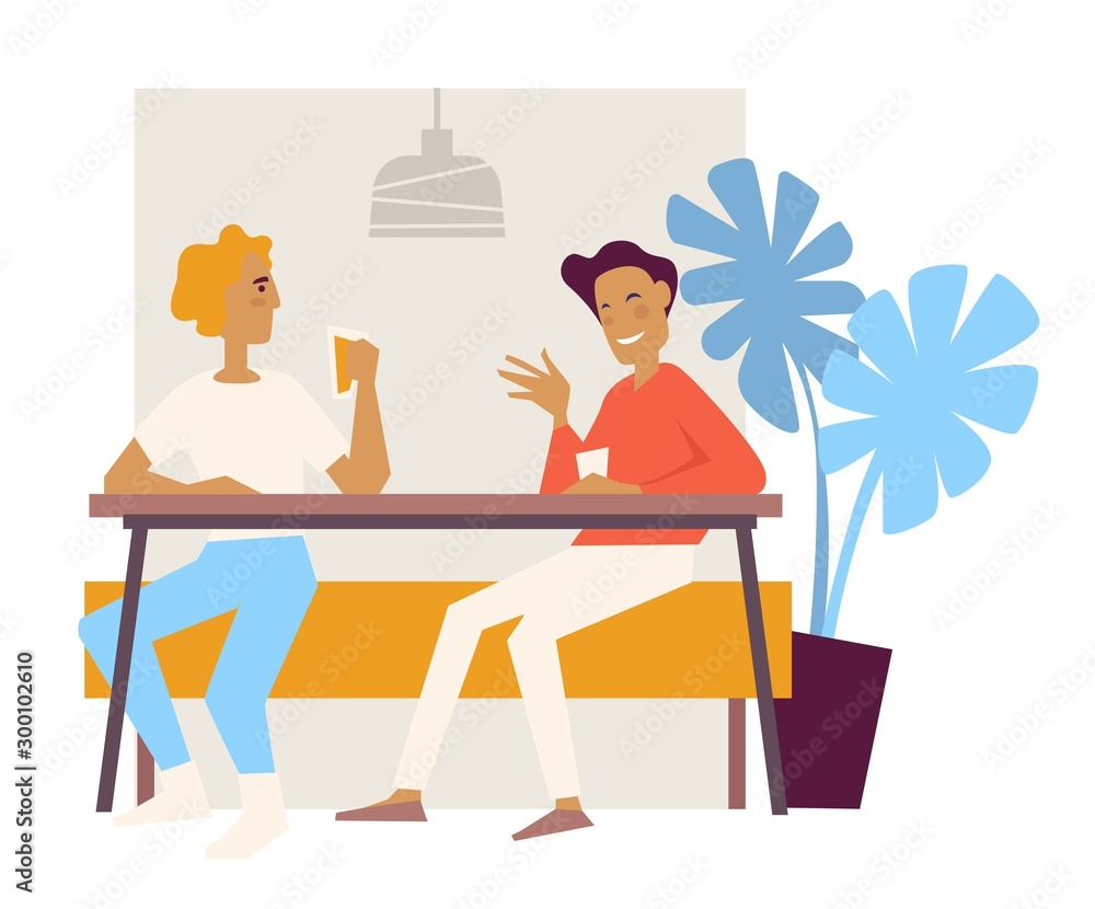 Friends at cafe drinking coffee on couch with table cafeteria