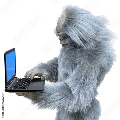Photos Yeti with laptop concept 3d illustration isolated on white background