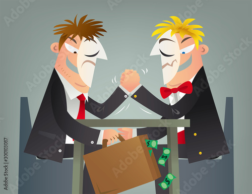 Concept illustration of a business fraud. On the table, it is a competition. Under the table, it is a cooperation.