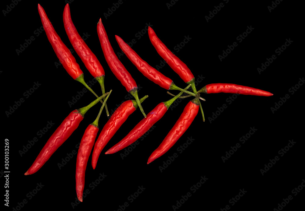 Pods of red pepper on a black background, folded herringbone. Pods of red pepper on a black background, folded herringbone.