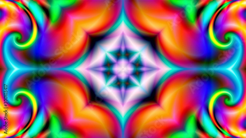 multicolored abstract fractal background in neon light consisting of fractal curls and a star-shaped figure in the center of the composition