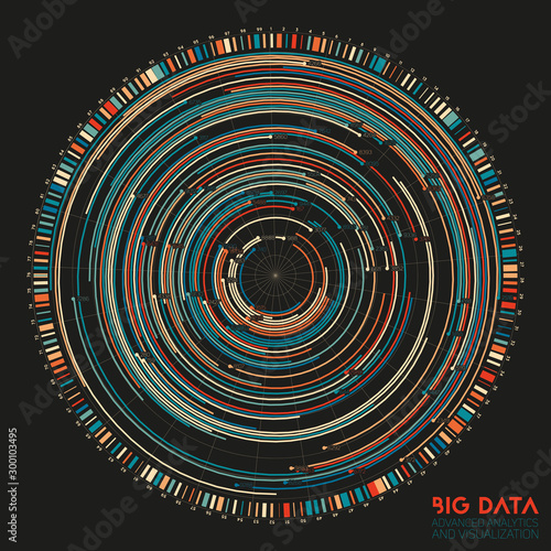 Vector abstract colorful round big data information visualization. Social network, financial analysis of complex databases. Visual information complexity clarification. Intricate data graphic