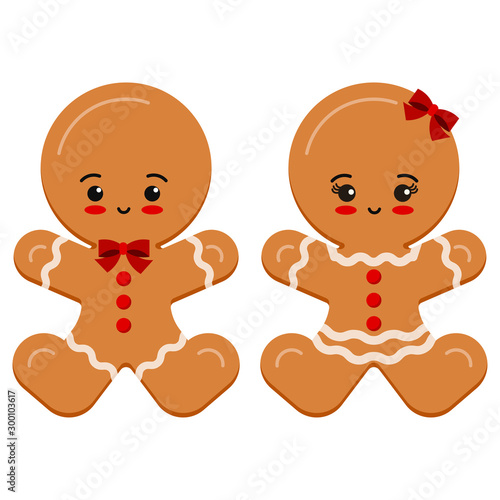Christmas cute and sweet characters set glazed brown gingerbread man boy and girl with bow isolated on white background.