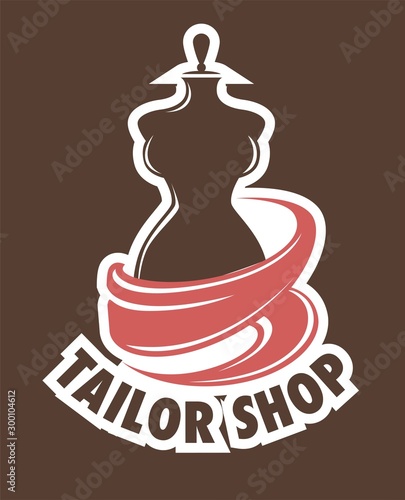 Tailor shop or atelier icon mannequin or dummy and fabric