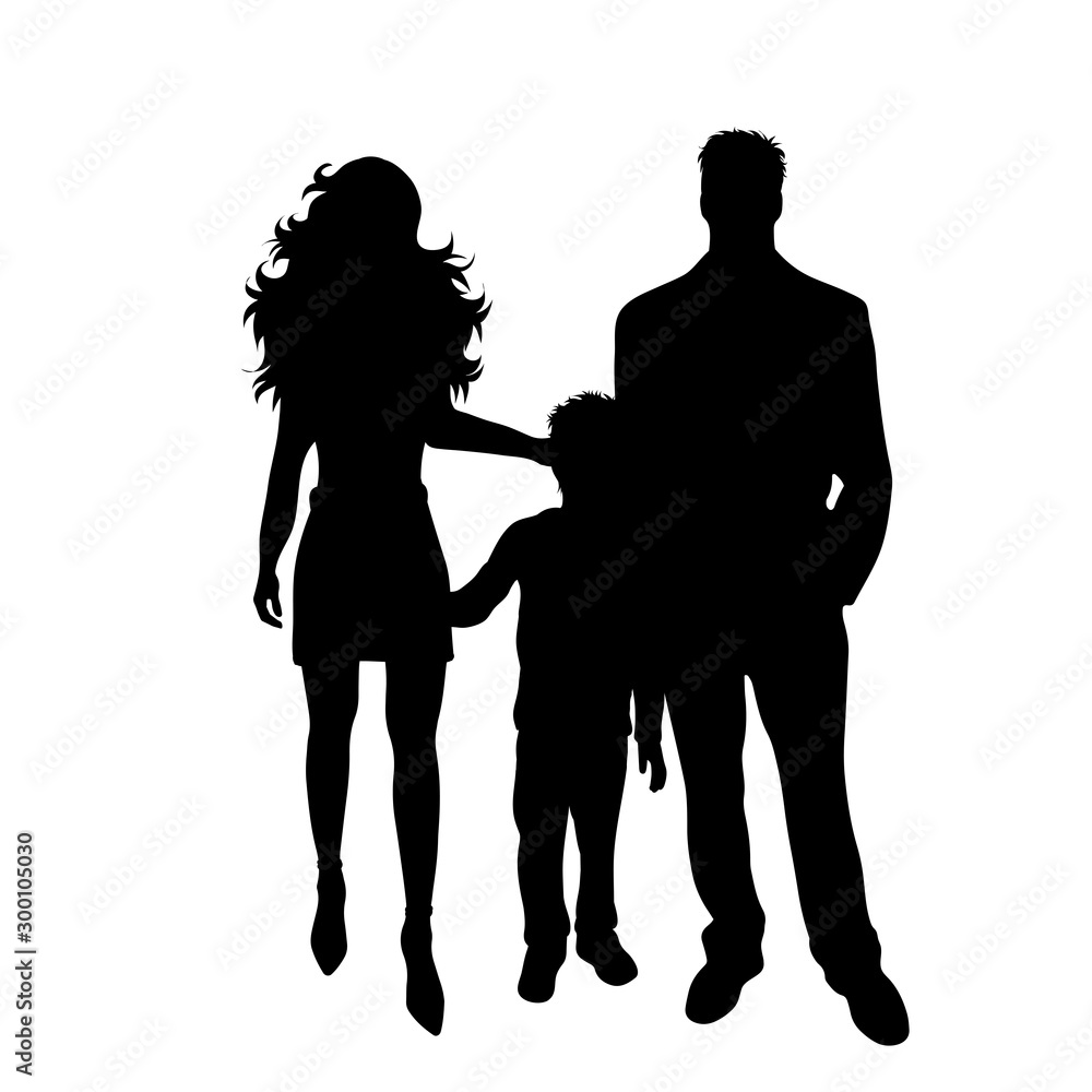 Vector silhouette of family on white background. Symbol of mother, father, child, husband, wife, son.