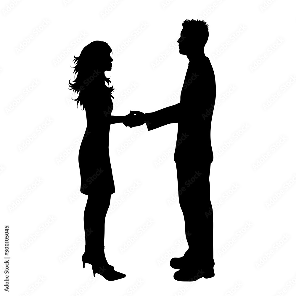 Vector silhouette of couple on white background. Symbol of man, woman, slim, fashion, beauty, logo, handshake, salute.