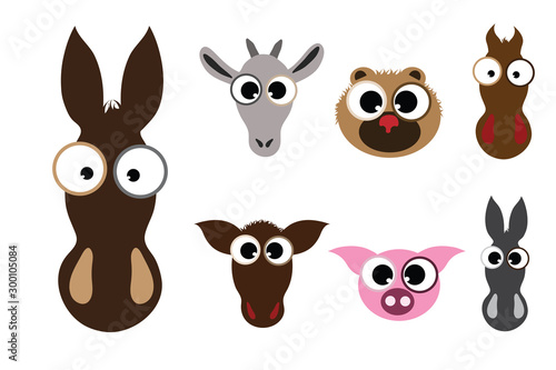 Collection vectors of drawing domestic animal on white background. Symbol of goat, bear, donkey, pig, cow, horse, farm, breeding, logo, sign.