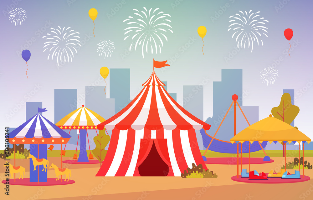 Amusement Park Circus Carnival Festival Fun Fair with Firework Landscape Illustration Amusement Park Circus Carnival Festival Fun Fair with Firework Landscape Illustration