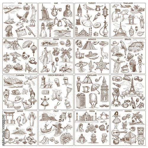 Worldwide traveling and tourism landmarks and attractions sketches sightseeing