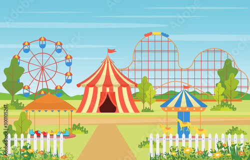 Amusement Park Circus Carnival Festival Fun Fair with Firework Landscape Illustration