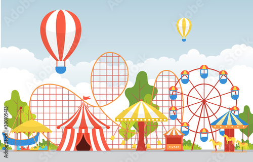 Amusement Park Circus Carnival Festival Fun Fair with Firework Landscape Illustration