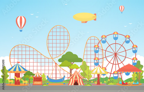 Amusement Park Circus Carnival Festival Fun Fair with Firework Landscape Illustration