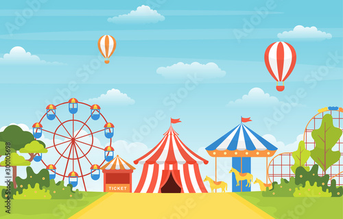 Amusement Park Circus Carnival Festival Fun Fair with Firework Landscape Illustration