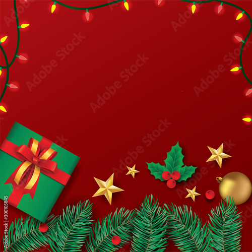 Christmas background decorated with gift box, bauble, star and Christmas berries. Vector Illustration