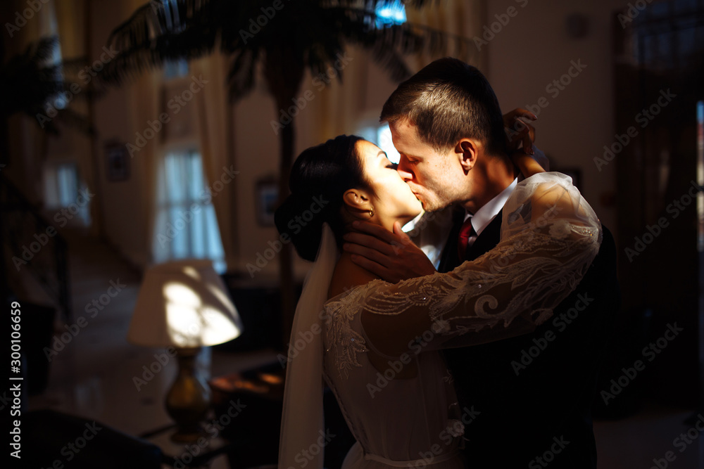 Young married couple in darkness. Newlyweds enjoy each other tenderly. Intimate atmosphere. Luxury elegant wedding couple kissing and embracing. Romantic moment. Together. Wedding.