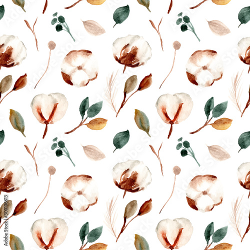 cotton flowers watercolor seamless pattern