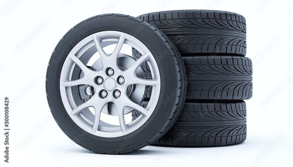 Obraz premium Car wheel isolated on a white background. 3D rendering.