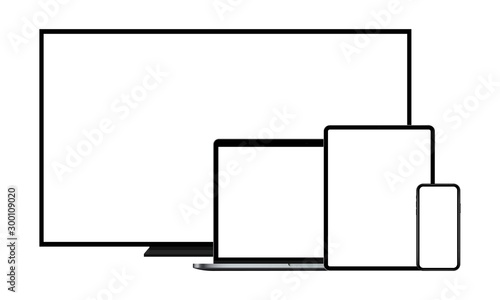 Modern devices mockups with blank screens: TV, laptop, tablet computer, mobile phone. Vector illustration