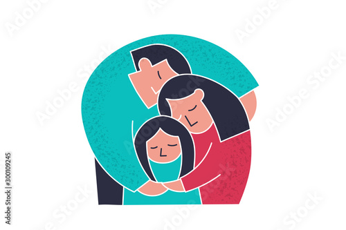 Mother and father hugs her little daughter