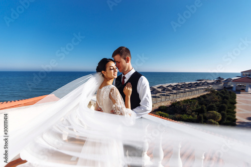 Newlyweds enjoy each other tenderly in the shadow of a flying veil on the background of a beautiful sea landscape. The bride and groom hugging and kissing on the background of the sea.  © maxbelchenko