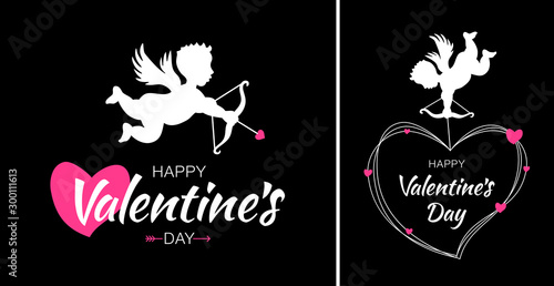 Valentines Day card design set. Cupid silhouette with bow and arrow and red heart on black background. White flying Angel. Amur symbol of love for Valentine's Day. Wedding invitation card. Vector.