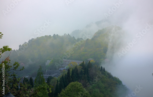 The clouds down from the peack of Wudang mountain to the ancien Chinese temple.