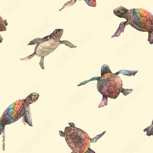 Watercolor rainbow small baby turtles colourful seamless pattern