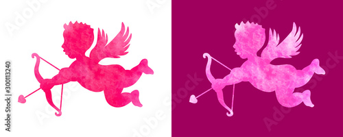 Valentines Day card design set. Cupid silhouette with bow and arrow heart. Pink watercolor angel. Amur purple symbol of love for Valentine's Day. Wedding invitation card. Vector illustration.