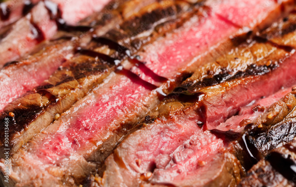 close-up view of sliced beef steak