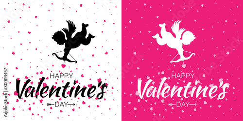 Valentines Day card design set. Cupid silhouette with bow and arrow. Pink white heart background. Flying Angel. Amur symbol of love for Valentine's Day. Wedding invitation card. Vector illustration.