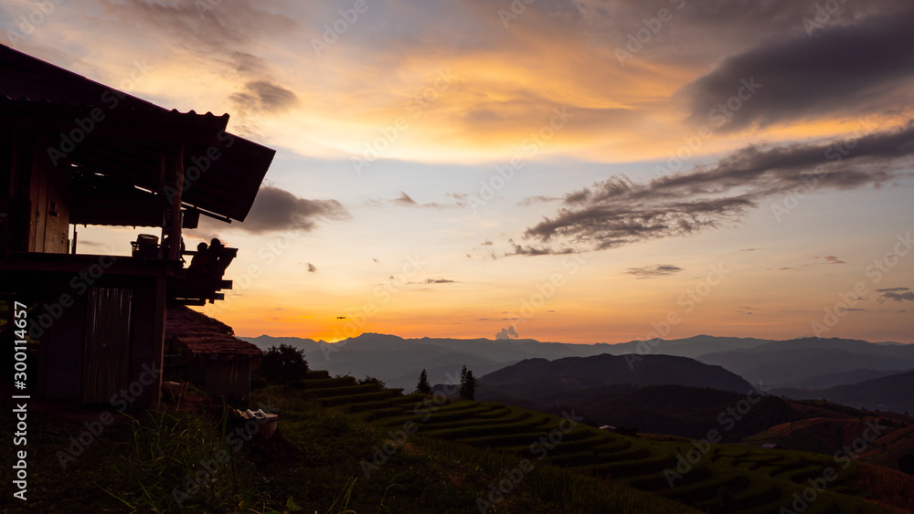 Sunlight at twilight of rice farm landscape. Pa Bong Piang terraced rice fields, Mae Chaem, Chiang Mai Thailand
