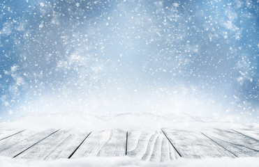 Winter landscape with falling snow.