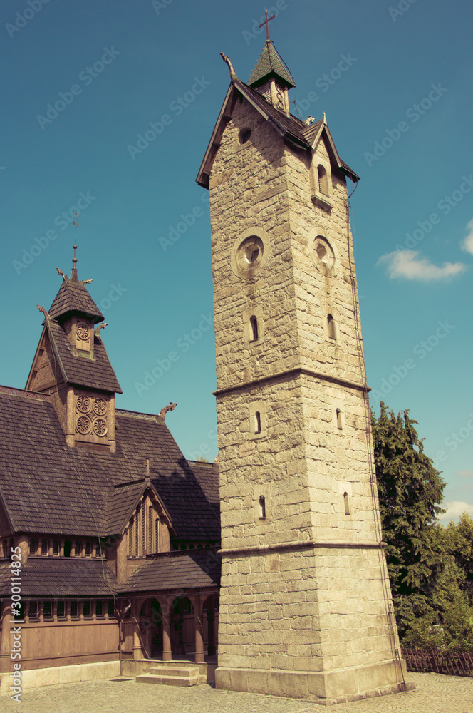 Karpacz, Poland. Wang temple. General view of the wooden church. Karpacz, Poland. Wang temple. General view of the wooden church.