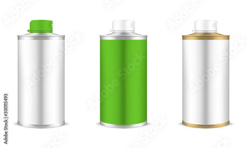 Round tin can with plastic cap and blank label, realistic mockup. Aluminum bottle for liquid products, vector template for design. Easy to recolor