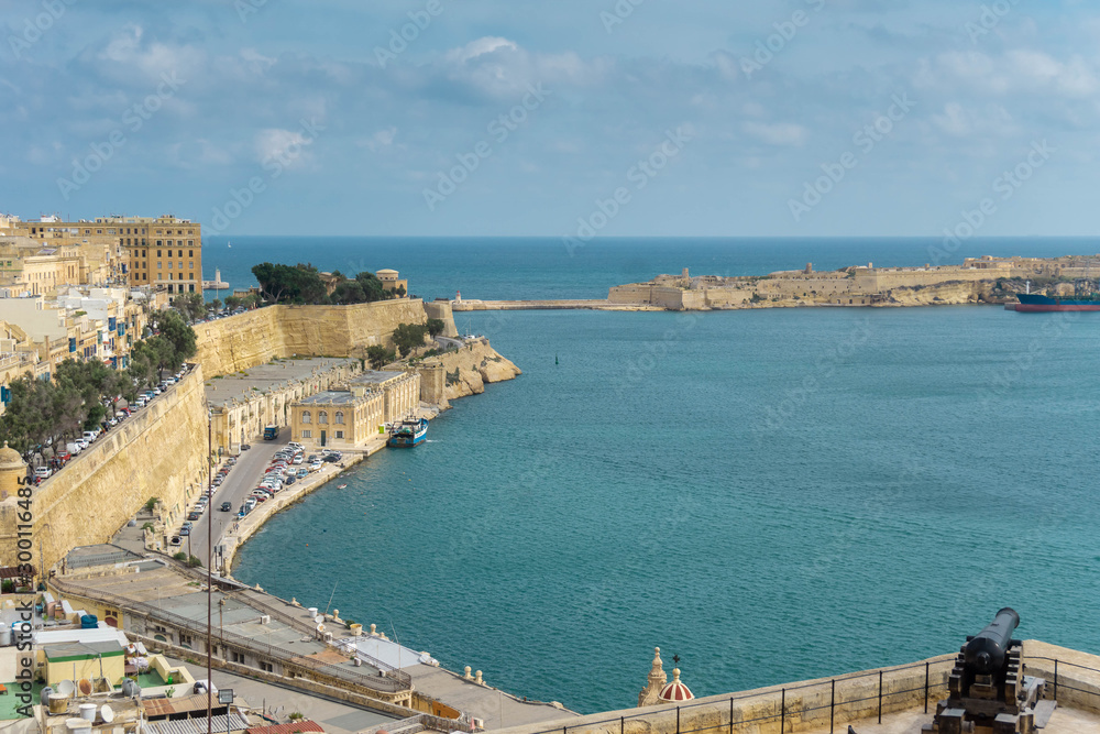 Panoramic view of Valletta, the capital of Malta, and Mediterranean sea