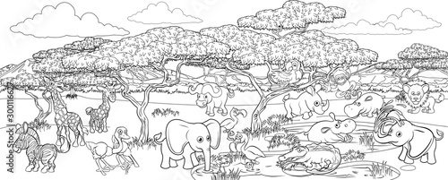 A safari cartoon cute animal background African savannah landscape coloring outline scene.