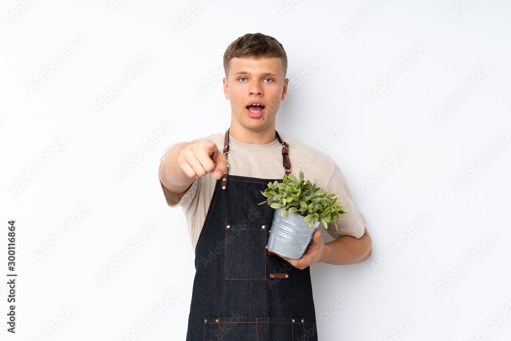 Young handsome man over isolated white background taking a flowerpot and pointing to the front Young handsome man over isolated white background taking a flowerpot and pointing to the front