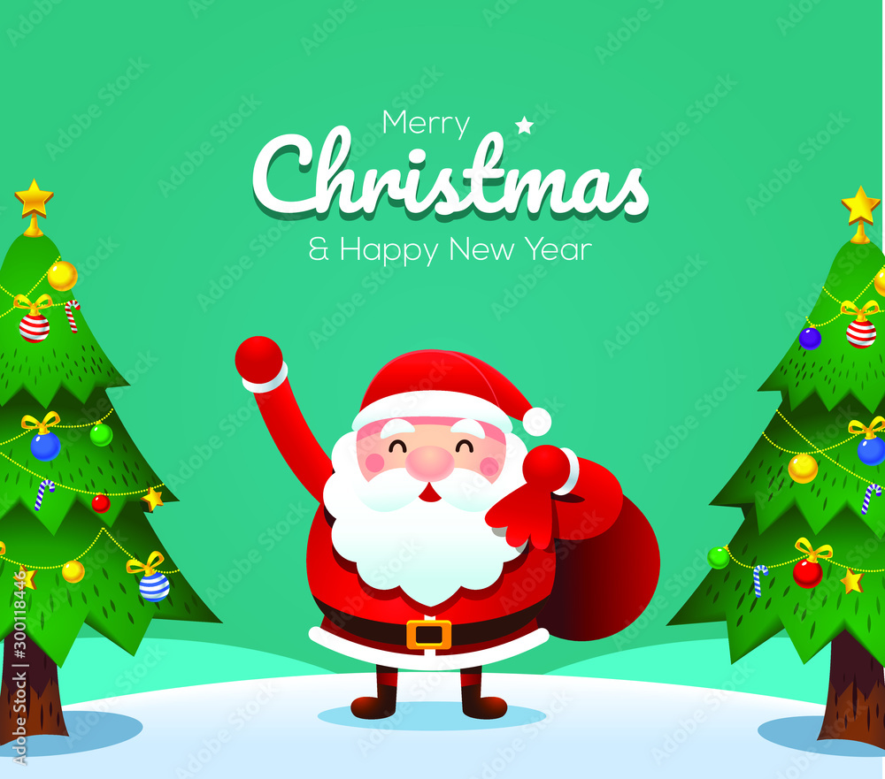 Vector Christmas card Santa Claus carrying red bag and Christmas trees with decorations, greeting card Vector Christmas card Santa Claus carrying red bag and Christmas trees with decorations, greeting card