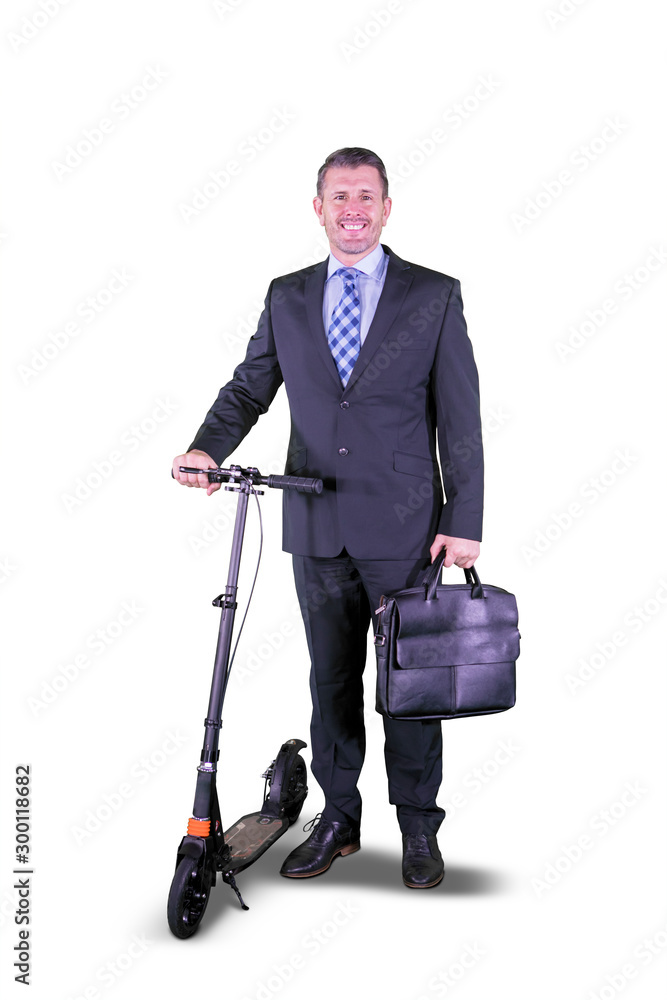 Caucasian businessman standing with a scooter Caucasian businessman standing with a scooter