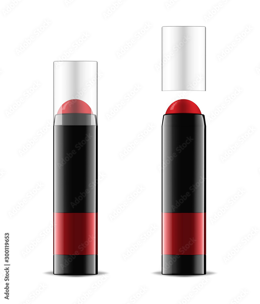 Red lipstick or blusher in black tube with clear cap, realistic vector illustration. Open and closed lip or cheek rouge isolated on white background