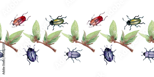 Watercolor background picture Border with beetles © Ellivelli