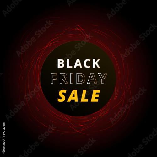 Black friday sale banner with abstract red neon circles isolated on black background. Design element for seasonal discount offer promotion
