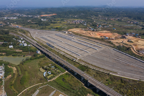 Aerial photography bullet high-speed train inspection site and orbital aerial view, China