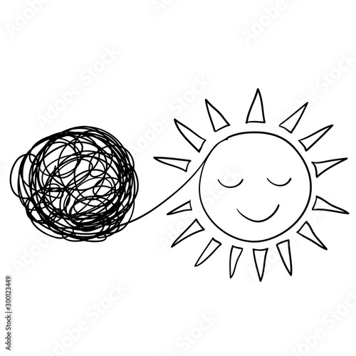 Tangled and unraveled circle and sun icon symbol for Personal growth, development, evolution. tangle, insight, mentor,Coaching, training, brainstorm,hand drawn doodle style