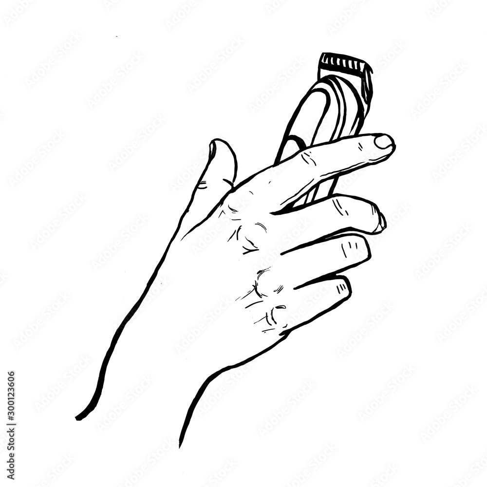 Obraz premium Man's hand hold electric shaver. Hand-drawn stock illustration. Outline. Space for text. Isolated on white. Logo. Design for hairdressing salon, barbershop, shops with hairdresser tools.