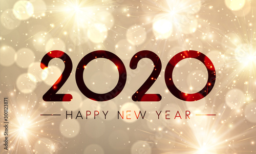 Shiny Happy New Year 2020 poster with gold fireworks.